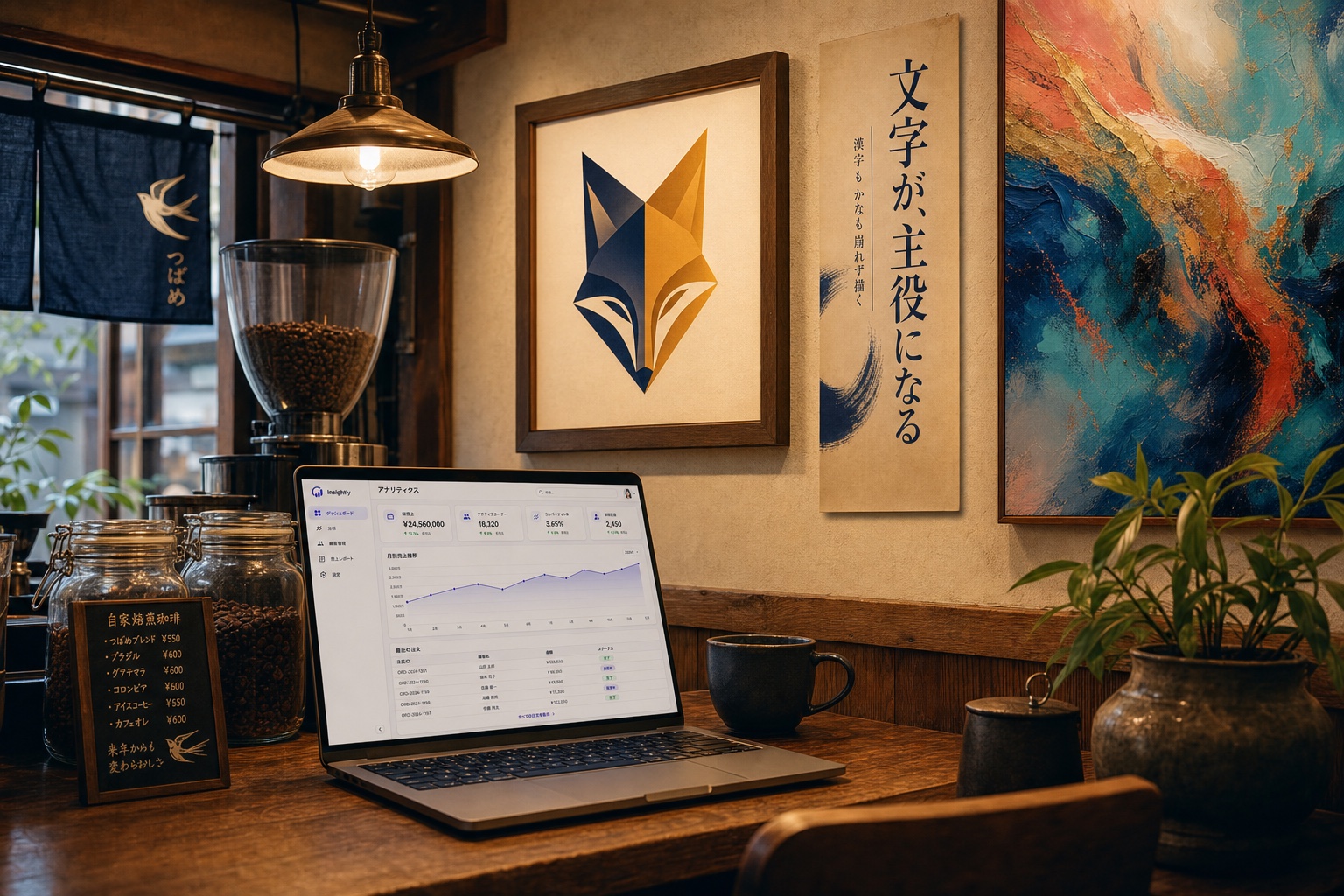 ここまでの作例8枚を全部 --reference で渡して合成した1枚。コーヒー店の店内に、額装したキツネのロゴ・縦書きポスター・抽象画が飾られ、カウンターのノートPCにはダッシュボードが表示されている