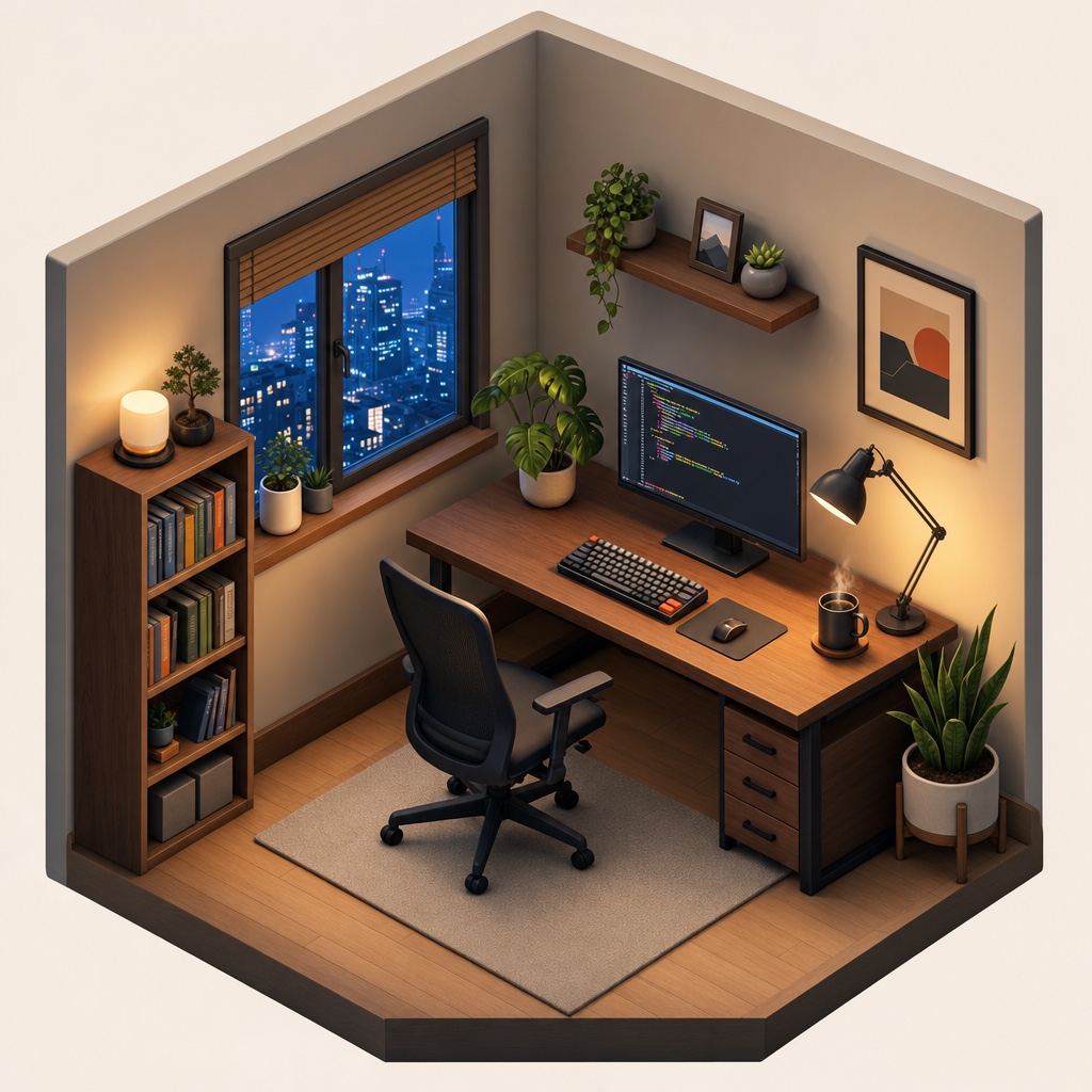 gpt-image-2 で生成した、エンジニアの作業部屋を切り取ったアイソメトリック3Dイラスト。木製デスクの上のモニタにコードが表示され、本棚・観葉植物・デスクランプ・夜景の窓が並ぶ