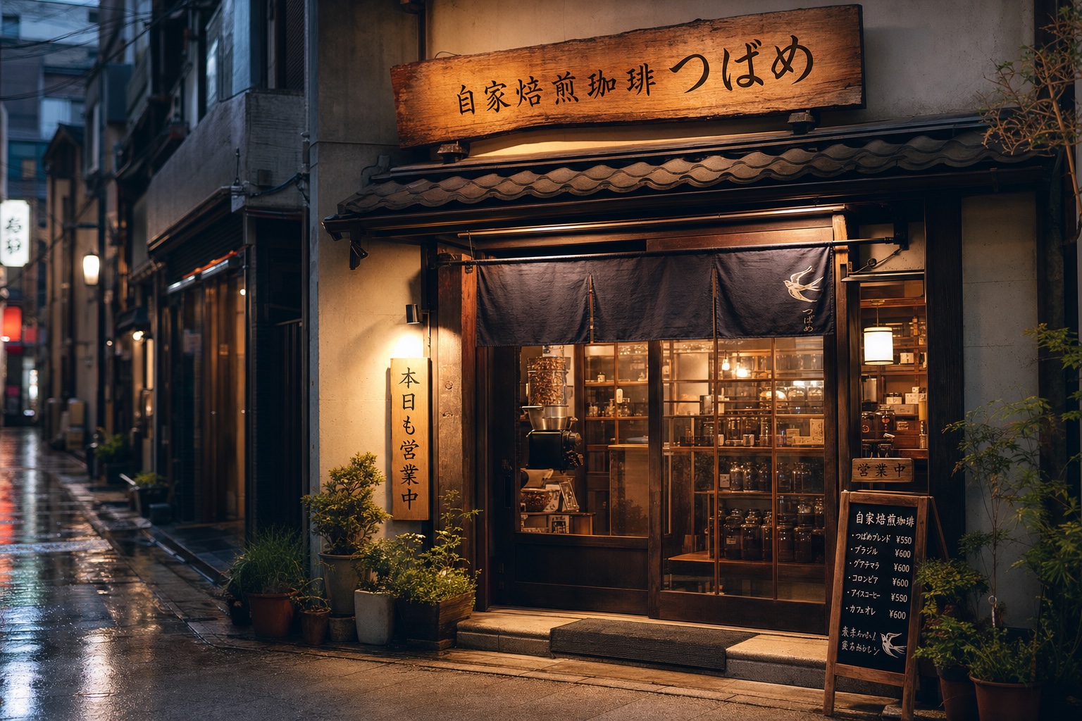 gpt-image-2 で生成した自家焙煎珈琲店の店頭。木製看板「自家焙煎珈琲 つばめ」など写真内の日本語が崩れず描かれている