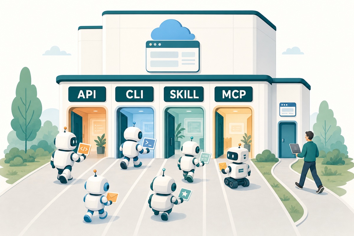 クラウドサービスの建物の正面に API・CLI・SKILL・MCP の4つの入口が並び、AIエージェントたちが入っていく。人間は脇の小さな扉へ向かうイラスト